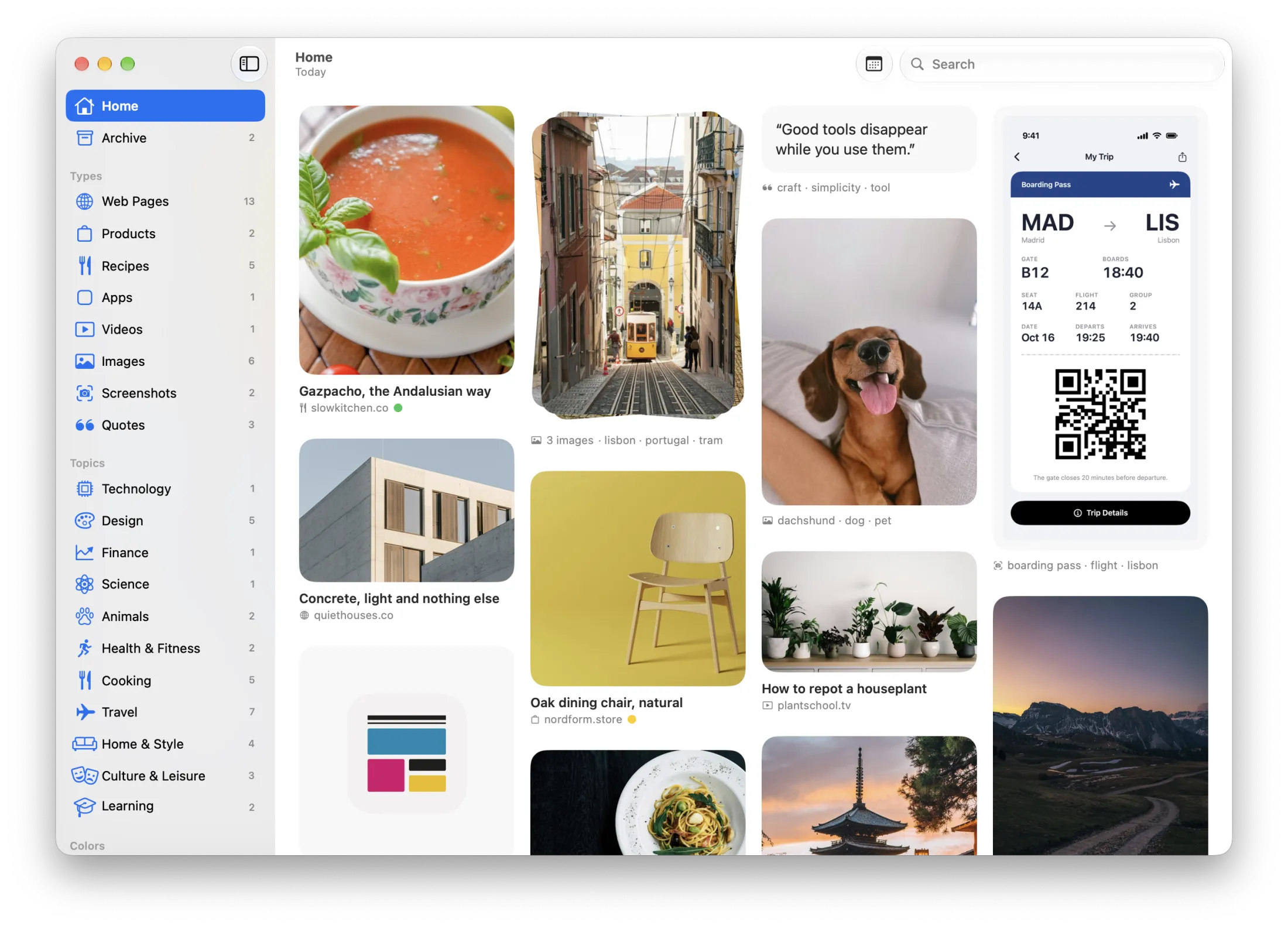 Cosas showing a library of saved recipes, photos, quotes, screenshots and web pages