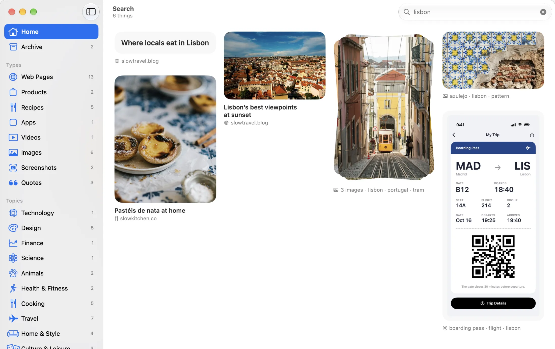 Searching for lisbon in Cosas finds two guides, a recipe, photos and a boarding pass screenshot