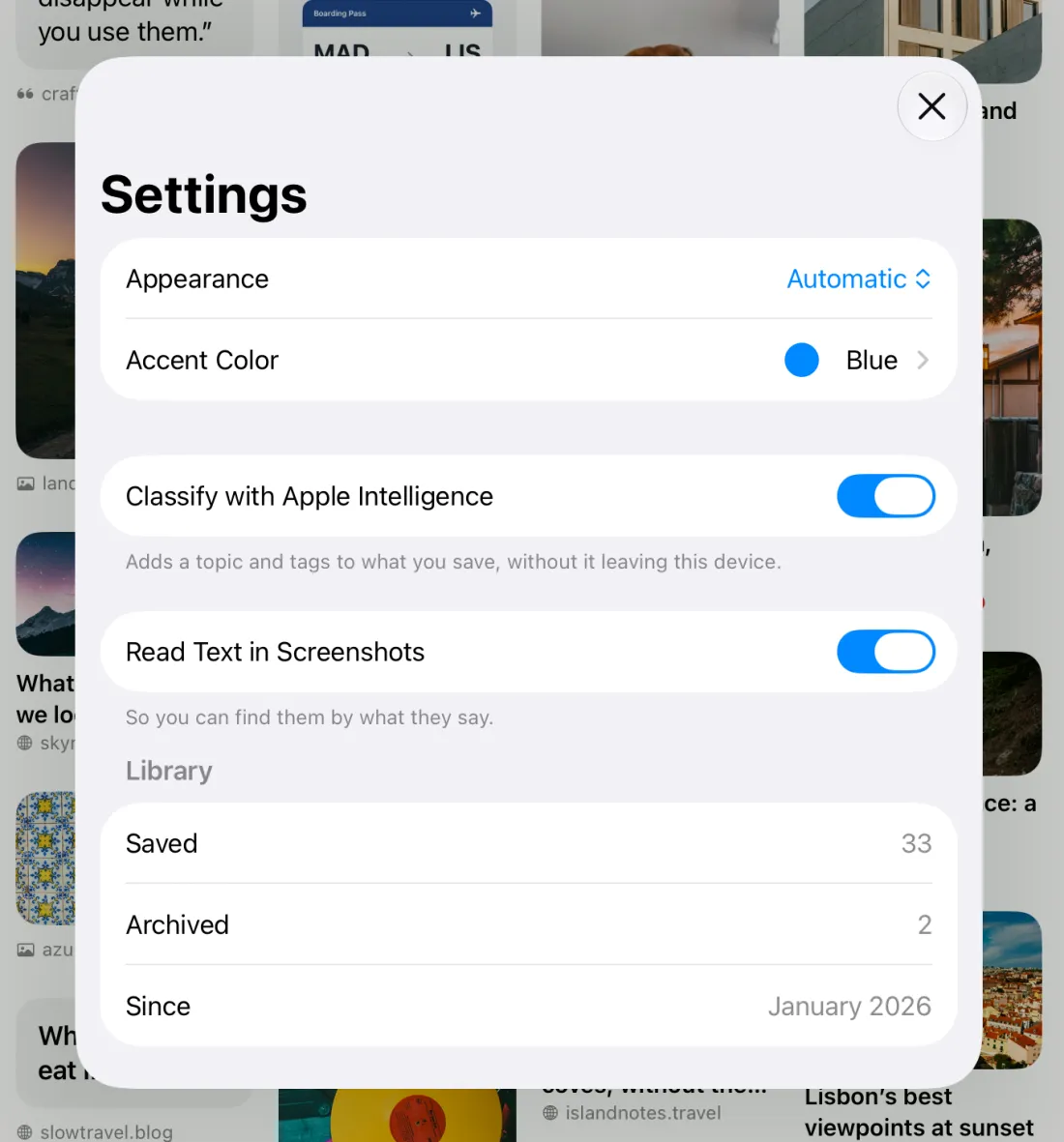 Cosas settings, with Classify with Apple Intelligence and Read Text in Screenshots turned on